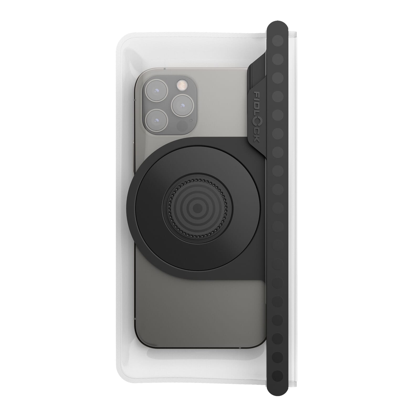 Fidlock VACUUM uni phone case Rückseite mit Verschluss und Smartphone