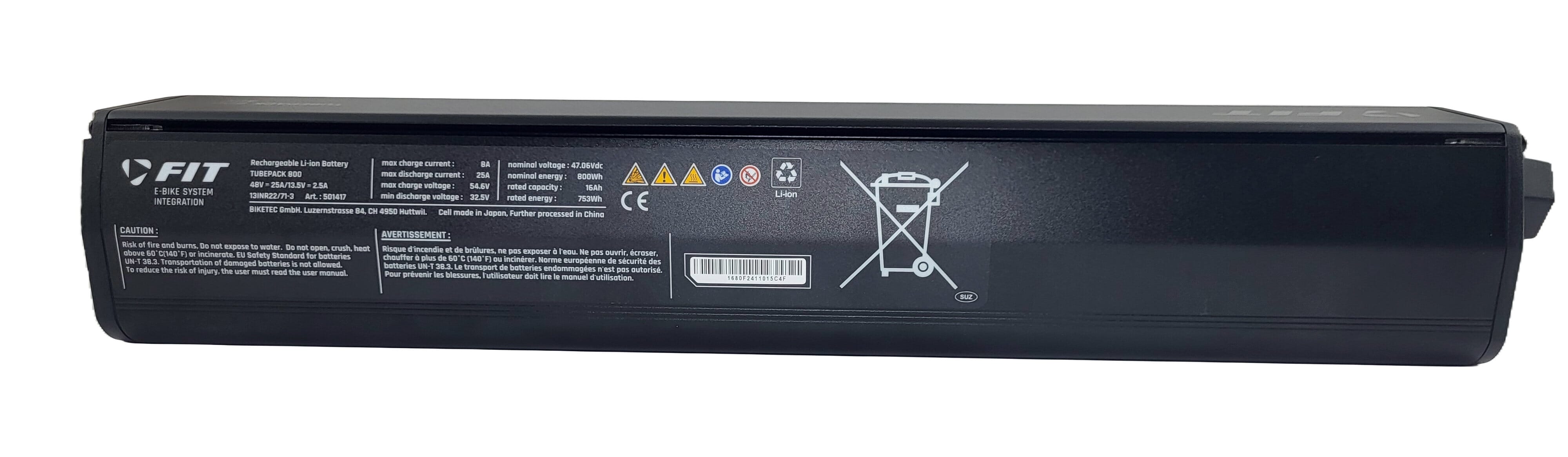 FIT 2.0 TubePack 800 Wh battery 48 V - 15 Ah - lateral